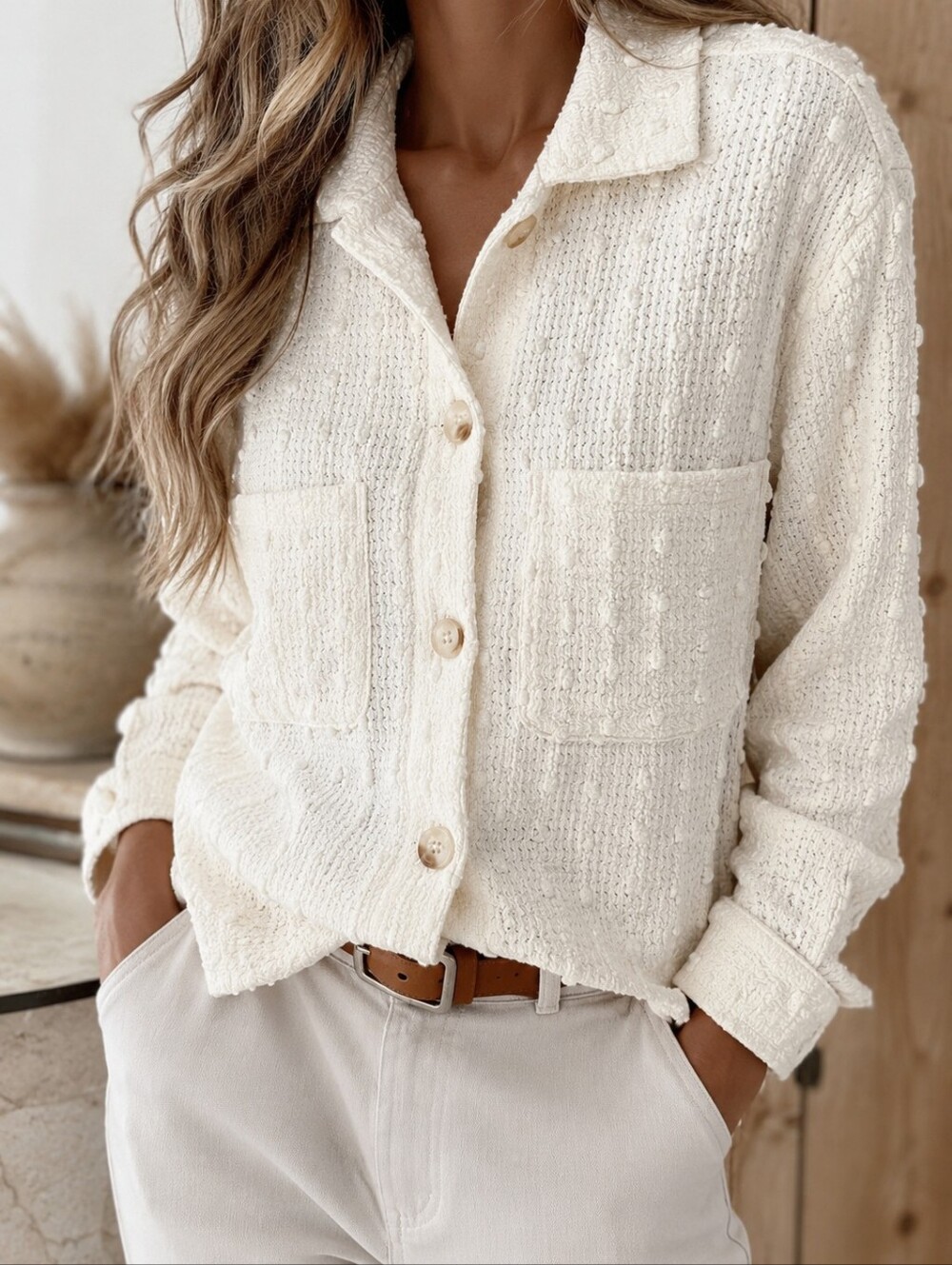 Polagram Ivory Textured Button Down Shirt Shacket Overshirt Tortoise Buttons S